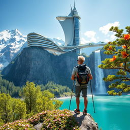 An architect with light hair stands with his back to us, leaning on trekking poles, on a flower-covered rock, below a skyscraper