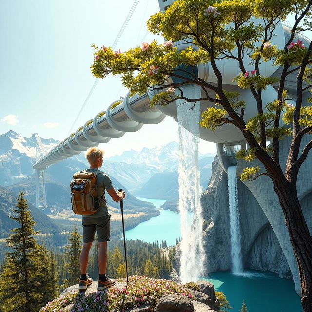 An architect with light hair stands with his back to us, leaning on trekking poles, on a flower-covered rock, below a skyscraper