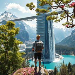 An architect with light hair stands with his back to us, leaning on trekking poles, on a flower-covered rock, below a skyscraper