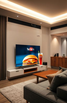 A stylish modern living room featuring a Q60D television displaying a YouTube video