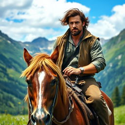 A handsome, rugged man with striking features riding a strong, majestic horse through a scenic mountain landscape