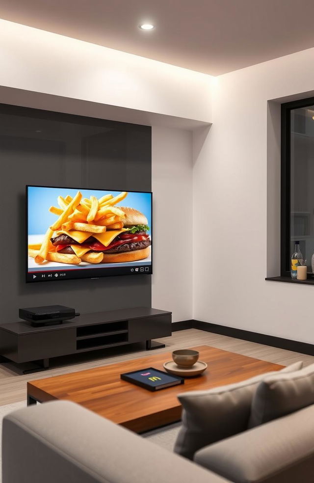 A stylish modern living room featuring a Q60D television displaying a YouTube video