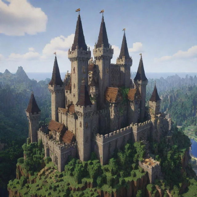 An intricate medieval-style fortress with towering spires, imposing fortifications, and cozy living quarters, all constructed with Minecraft's 8-bit aesthetics.