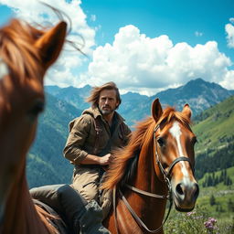 A handsome, rugged man with striking features riding a strong, majestic horse through a scenic mountain landscape