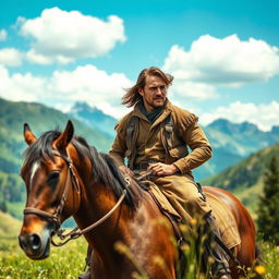 A handsome, rugged man with striking features riding a strong, majestic horse through a scenic mountain landscape