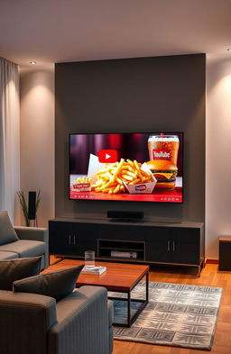 A stylish modern living room featuring a Q60D television displaying a YouTube video