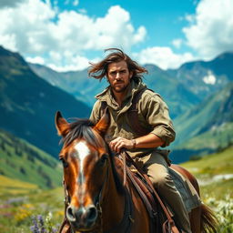 A handsome, rugged man with striking features riding a strong, majestic horse through a scenic mountain landscape