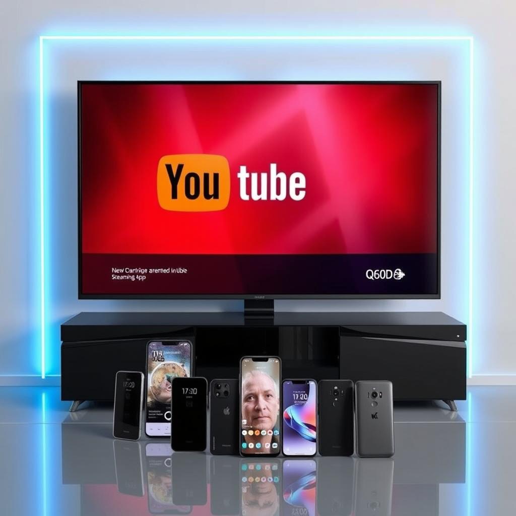 A contemporary themed setup featuring a sleek Q60D television, with its screen showing a trending YouTube video from a smartphone connected via a smart streaming app