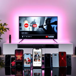 A contemporary themed setup featuring a sleek Q60D television, with its screen showing a trending YouTube video from a smartphone connected via a smart streaming app