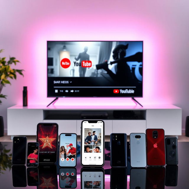 A contemporary themed setup featuring a sleek Q60D television, with its screen showing a trending YouTube video from a smartphone connected via a smart streaming app