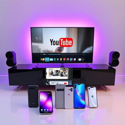 A contemporary themed setup featuring a sleek Q60D television, with its screen showing a trending YouTube video from a smartphone connected via a smart streaming app