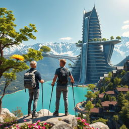 An architect with light hair stands with his back to us, leaning on trekking poles, atop a flower-covered rock, positioned below the skyscraper