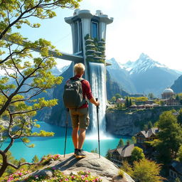 An architect with light hair stands with his back to us, leaning on trekking poles, atop a flower-covered rock, positioned below the skyscraper