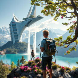 An architect with light hair stands with his back to us, leaning on trekking poles, atop a flower-covered rock, positioned below the skyscraper