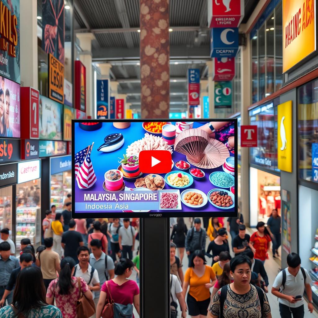 A bustling city mall scene featuring a Q60D television with its screen showcasing a popular YouTube video about the vibrant cultures of Malaysia, Singapore, and Indonesia