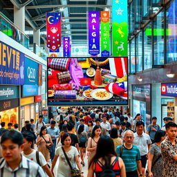 A bustling city mall scene featuring a Q60D television with its screen showcasing a popular YouTube video about the vibrant cultures of Malaysia, Singapore, and Indonesia