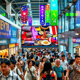 A bustling city mall scene featuring a Q60D television with its screen showcasing a popular YouTube video about the vibrant cultures of Malaysia, Singapore, and Indonesia