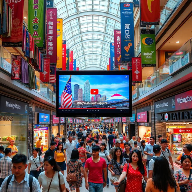 A bustling city mall scene featuring a Q60D television with its screen showcasing a popular YouTube video about the vibrant cultures of Malaysia, Singapore, and Indonesia