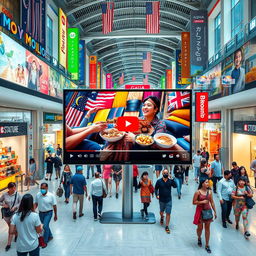 A bustling city mall scene featuring a Q60D television with its screen showcasing a popular YouTube video about the vibrant cultures of Malaysia, Singapore, and Indonesia