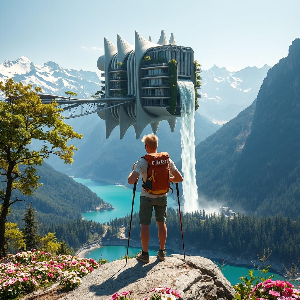 An architect with light hair stands on a flower-covered rock with his back to us, leaning on trekking poles