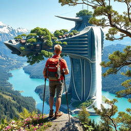 An architect with light hair stands on a flower-covered rock with his back to us, leaning on trekking poles