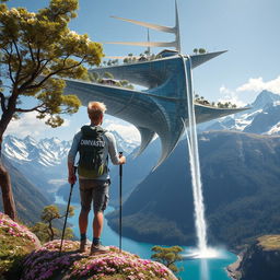 An architect with light hair stands on a flower-covered rock with his back to us, leaning on trekking poles