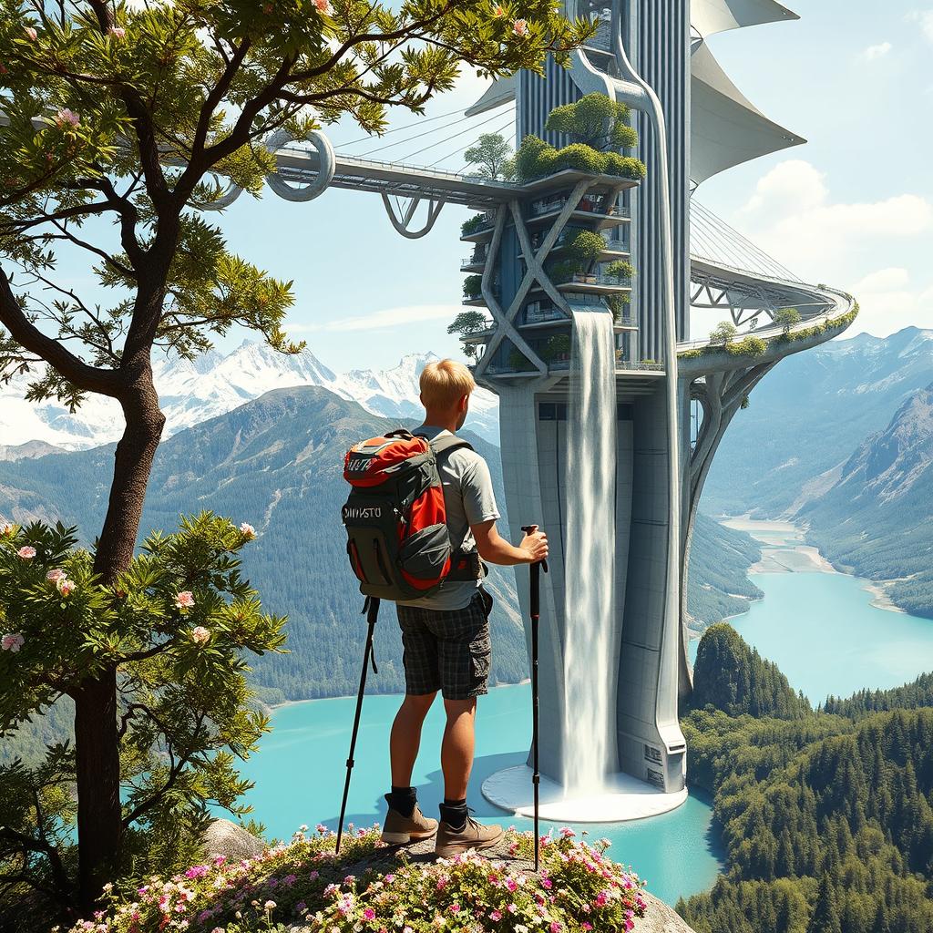 An architect with light hair stands on a flower-covered rock with his back to us, leaning on trekking poles