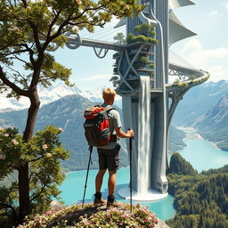 An architect with light hair stands on a flower-covered rock with his back to us, leaning on trekking poles