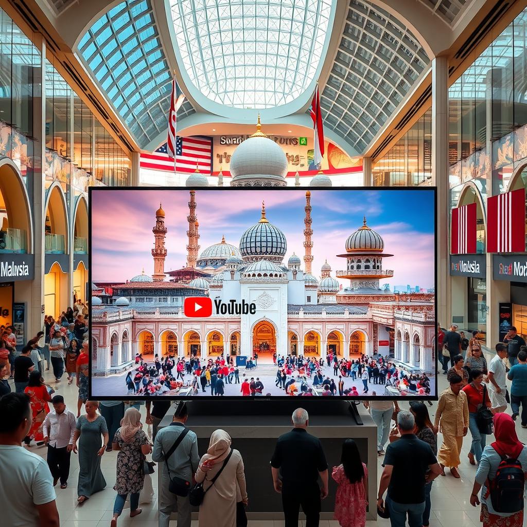 A vibrant scene blending both modern and traditional elements of Southeast Asian culture, featuring a Q60D television in a bustling mall