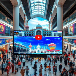 A vibrant scene blending both modern and traditional elements of Southeast Asian culture, featuring a Q60D television in a bustling mall