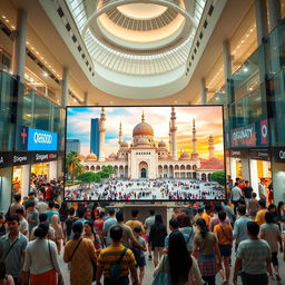 A vibrant scene blending both modern and traditional elements of Southeast Asian culture, featuring a Q60D television in a bustling mall