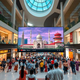 A vibrant scene blending both modern and traditional elements of Southeast Asian culture, featuring a Q60D television in a bustling mall