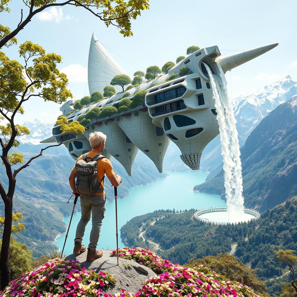 An architect with light hair stands with his back to us, leaning on trekking poles, on a flower-covered rock