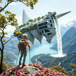 An architect with light hair stands with his back to us, leaning on trekking poles, on a flower-covered rock