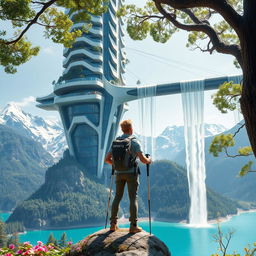 An architect with light hair stands with his back to us, leaning on trekking poles, on a flower-covered rock