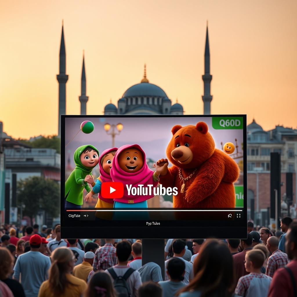 A lively city scene where a Q60D television prominently displays a YouTube video featuring characters from the popular series "Masha and the Bear"