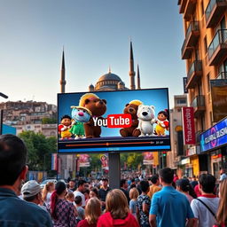 A lively city scene where a Q60D television prominently displays a YouTube video featuring characters from the popular series "Masha and the Bear"