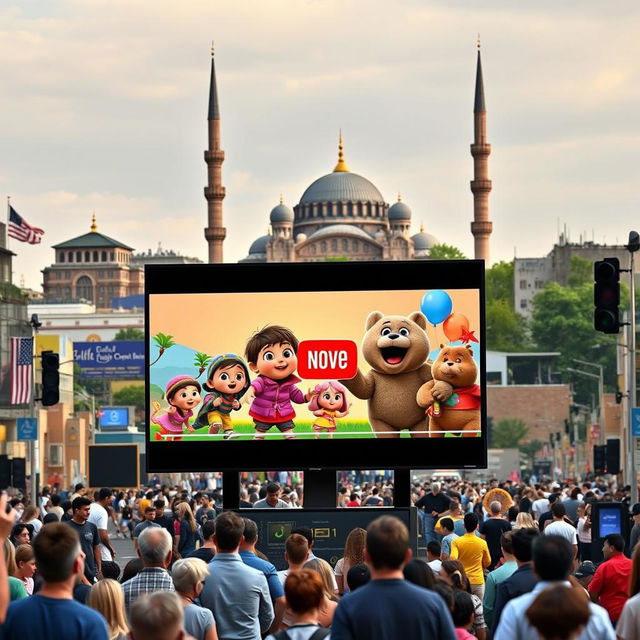 A lively city scene where a Q60D television prominently displays a YouTube video featuring characters from the popular series "Masha and the Bear"