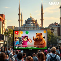 A lively city scene where a Q60D television prominently displays a YouTube video featuring characters from the popular series "Masha and the Bear"