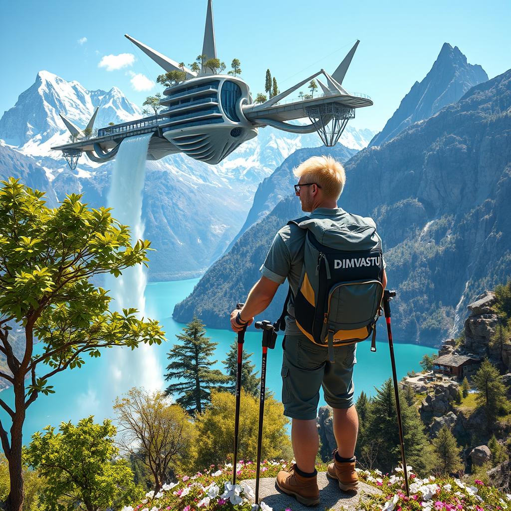 A close-up of an architect with light hair, stands with his back to us, leaning on trekking poles on a flower-covered rock