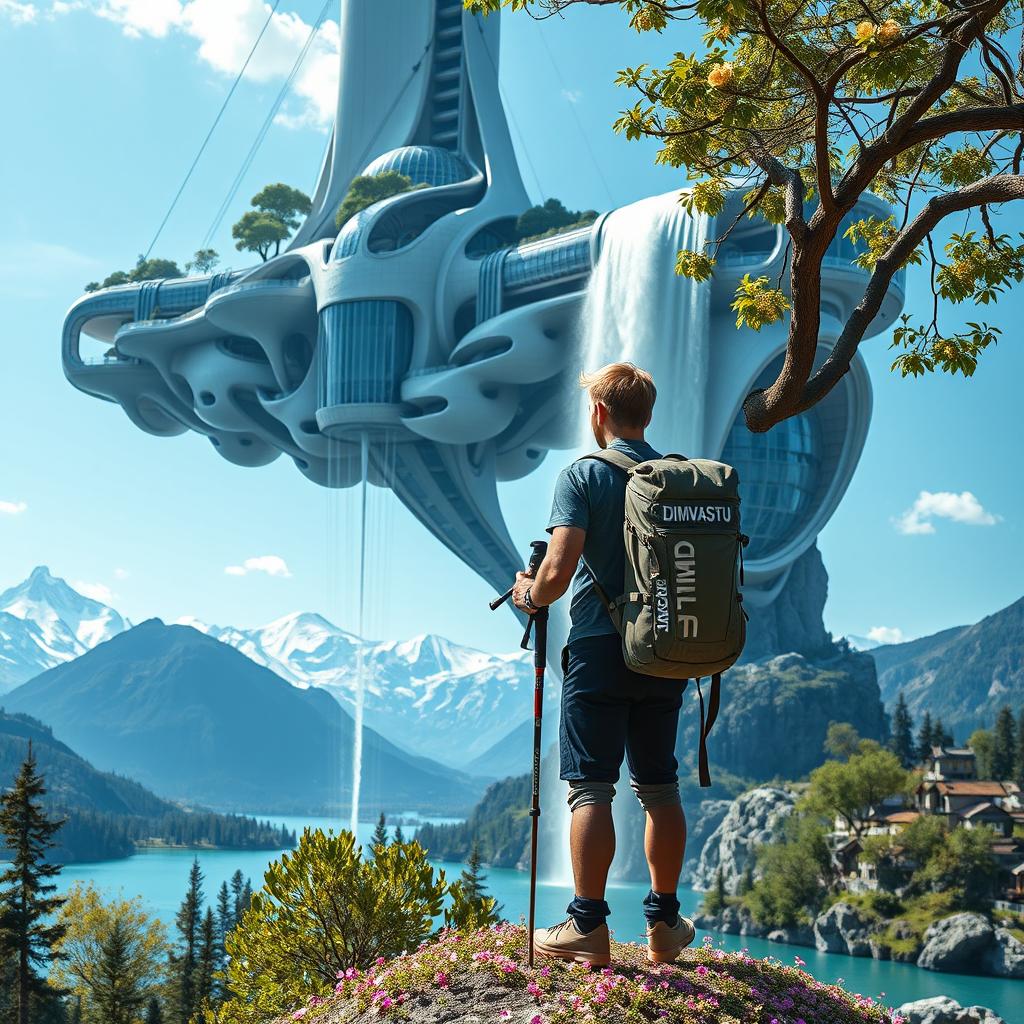 A close-up of an architect with light hair, stands with his back to us, leaning on trekking poles on a flower-covered rock