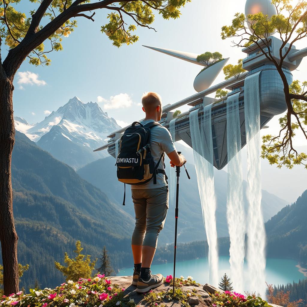 A close-up of an architect with light hair standing with his back to us, leaning on trekking poles, on a flower-covered rock