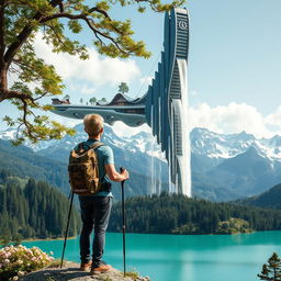 A close-up of an architect with light hair standing with his back to us, leaning on trekking poles, on a flower-covered rock