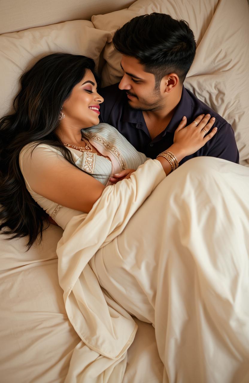 An Indian couple sharing an intimate and loving moment on a bed