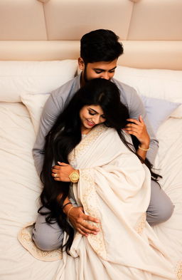 An Indian couple sharing an intimate and loving moment on a bed