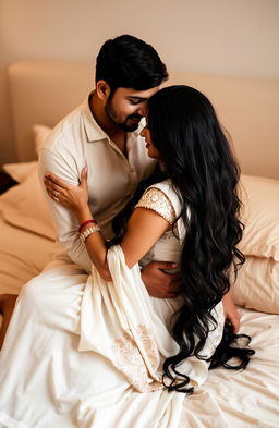 An Indian couple sharing an intimate and loving moment on a bed