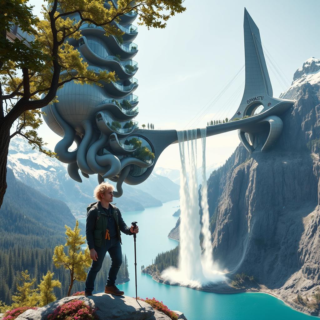 A close-up of an architect with light hair is standing with his back to us, leaning on trekking poles on a flower-covered rock