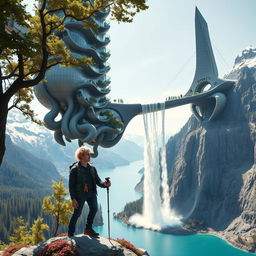 A close-up of an architect with light hair is standing with his back to us, leaning on trekking poles on a flower-covered rock