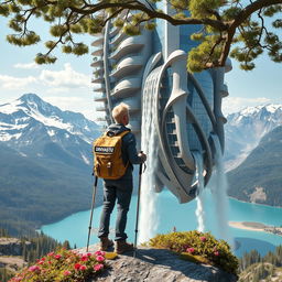 A close-up of an architect with light hair is standing with his back to us, leaning on trekking poles on a flower-covered rock