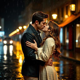 A beautiful couple kissing passionately in the rain at night